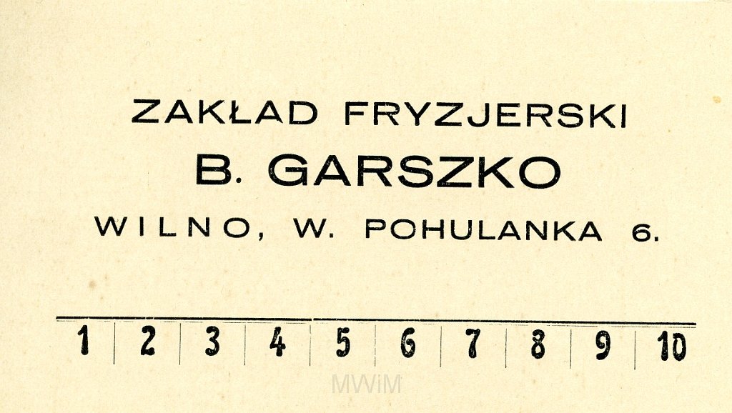 KKE 5694-1.jpg - Dok. Wizytówka zakładu fryzjerskiego „Antoni”.  Zakład prowadizł najpierw Benedykt Graskzo póxniej jego syn Antonie, Wilno, 1921/1945 r.